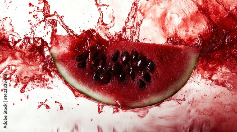 Poster watermelon slice exploding in juice splash.