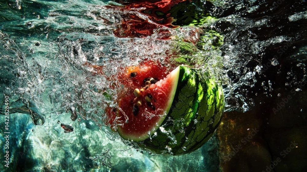 Poster watermelon slice exploding underwater in a splash of water.