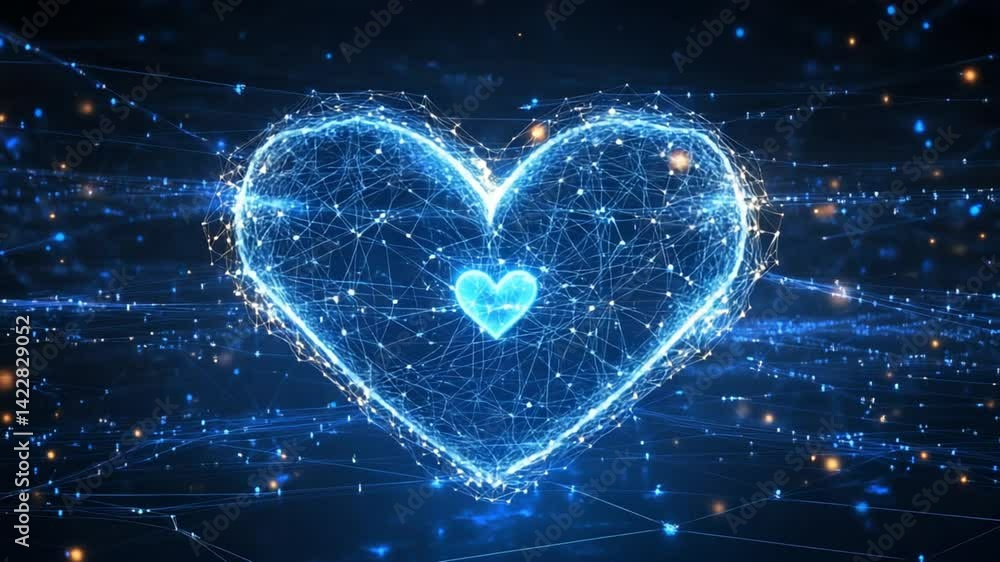 Poster futuristic digital heart animation with connected dots and glowing lights background