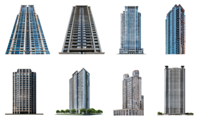 Collection of Skyscraper (Residential) front view full length isolate on transparency background