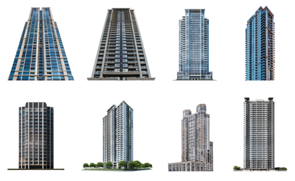 Collection of Skyscraper (Residential) front view full length isolate on transparency background