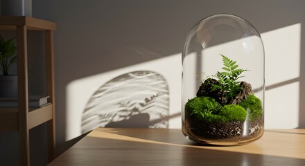 Sunlit Terrarium: Miniature Ecosystem Under Glass Dome on Wooden Table