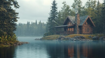 Fototapeta premium A cozy lakeside cabin with a prominent stone chimney, surrounded by pine trees and calm waters.