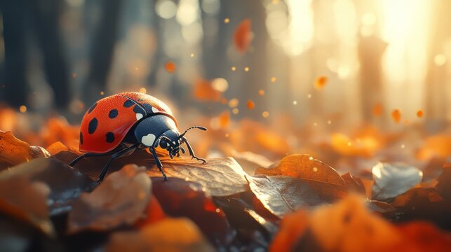 Ladybug crawls across autumn leaves illuminated by soft sunlight