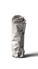 A rolled-up, crumpled gray object resembling paper or fabric, displayed against a plain white background.