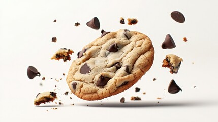 A chocolate chip cookie is suspended in mid-air, surrounded by flying crumbs and chocolate chips, creating a dynamic and appetizing visual.