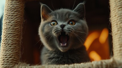Gray cat sits within a rope structure and yawns