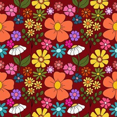 Seamless pattern with colorful gerbera flowers, leaves on vintage background, textile, fabric, design, clothing, design