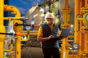 Engineer with a laptop inspects gas pipes and pressure gauges at an industrial plant during night...
