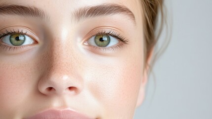 Obraz premium Close-up of a young woman's flawless face, highlighting natural beauty and healthy skin