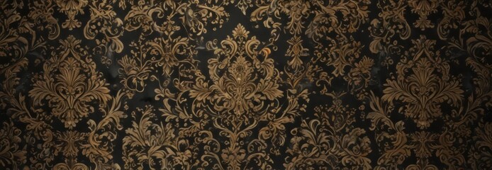 Intricate black & gold damask pattern, metallic accents, scroll, party