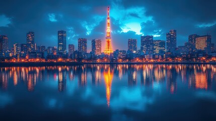 Obraz premium city skyline at night with japanese inspired neon lighting - photo for design