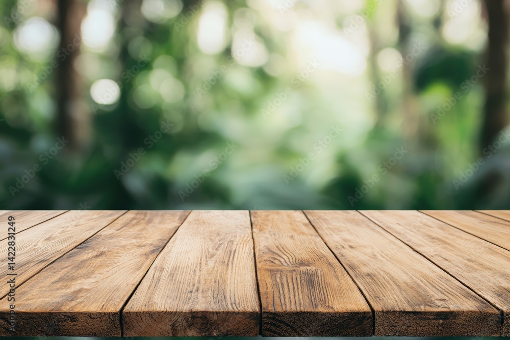 Poster Empty wooden table with blurred jungle background for displaying products