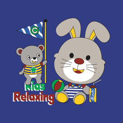 relaxed atmosphere rabbit and bear sitting relaxed, cartoon illustration image