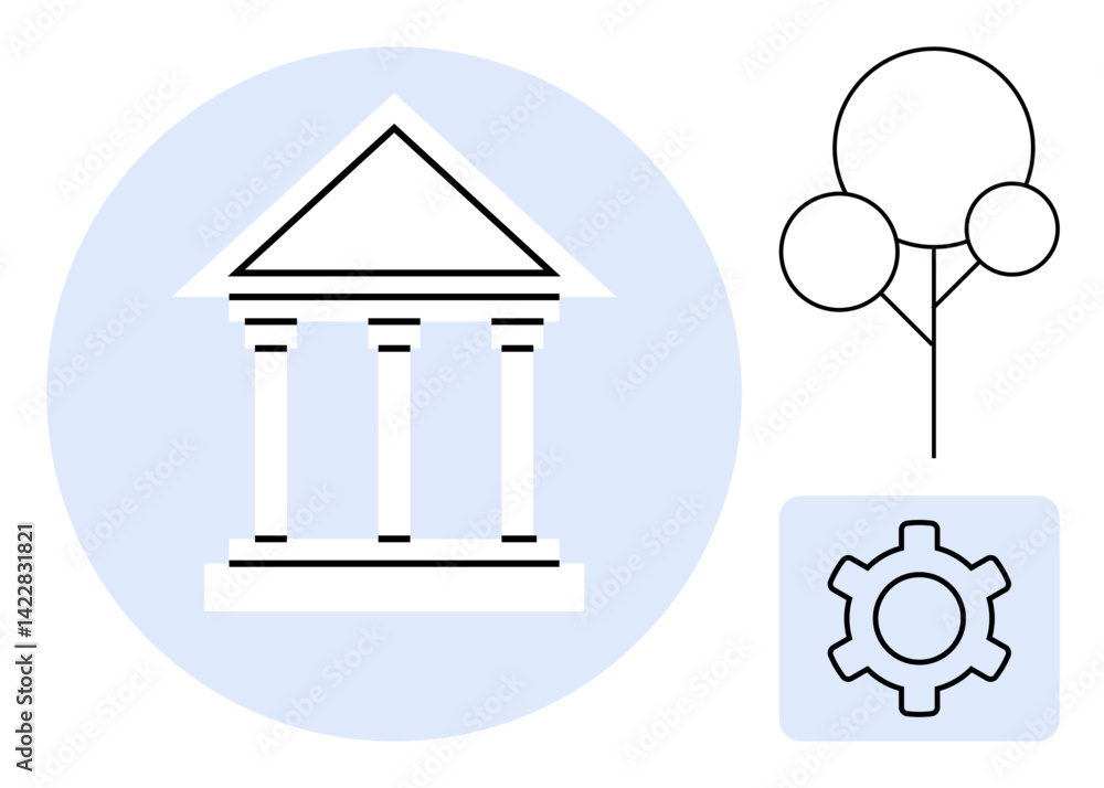 Poster classical building with columns, minimal tree, and gear inside separate shapes. ideal for governance
