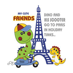 dinosaur and friend riding bike near eiffel tower,cartoon illustration