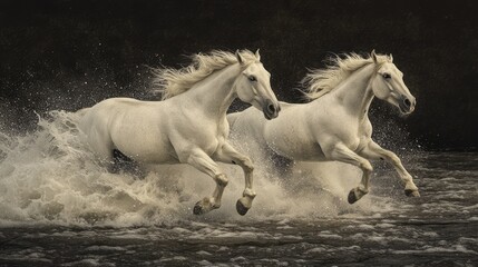 Fototapeta premium Two stunning white horses gallop dynamically through splashing water