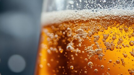 Closeup of frothy beer in glass with bubbles, festive atmosphere