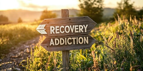 A rustic wooden sign featuring carved arrows for "RECOVERY" and "ADDICTION" in a sunlit open field.