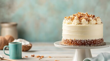Tantalizing homemade cake with a moist crumb smooth and creamy frosting and a delightful crunch from toasted nuts