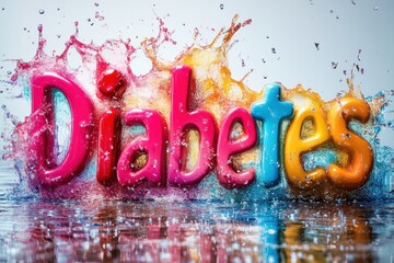 Colorful diabetes lettering with water splash effect on white background
