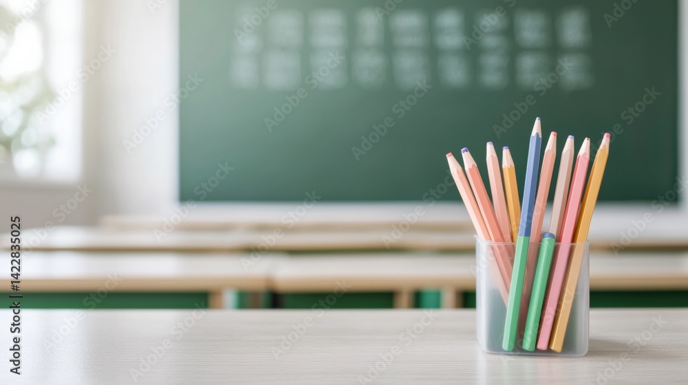 Poster colorful pencils resting on desk in a bright empty classroom