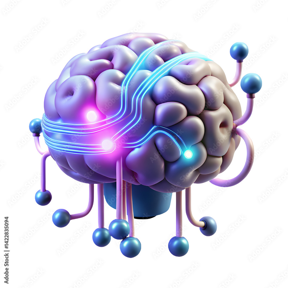Poster 3d brain with glowing neural network and technological connections