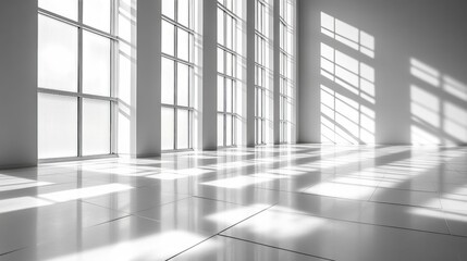 Fototapeta premium Bright White Interior with Large Windows Casting Geometric Shadows and Reflections