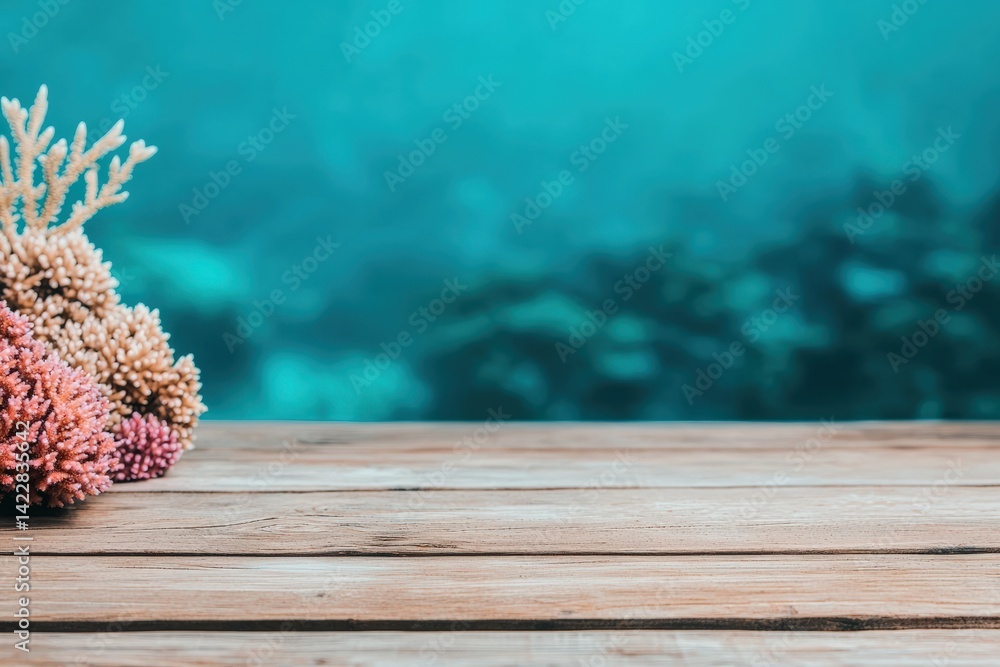 Poster coral reef displayed on rustic wooden table with blurred ocean background