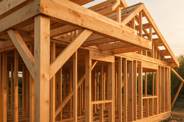 Fototapeta premium Sunlit wooden house frame under construction in serene landscape