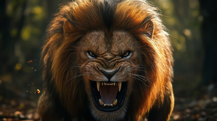 Majestic lion fiercely snarls revealing its sharp teeth in nature