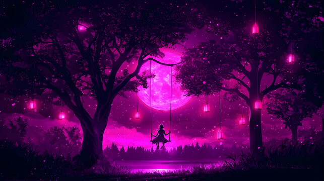 of a girl on a swing hanging from the moon with floating lanterns 