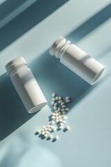 Naklejka premium White pill bottles and spilled pills on blue background.