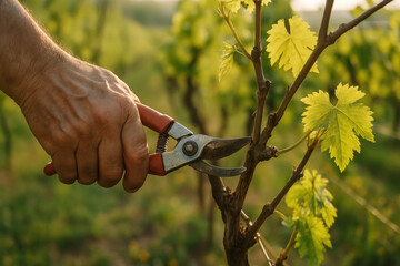 Gardener pruning vine in vineyard with handheld shears for healthy growth
