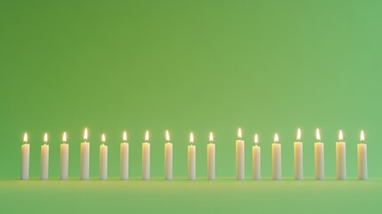 A row of elegant candles burning gently, isolated on a chroma key green background