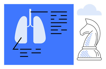 Lungs diagram with labels next to chess knight and cloud. Ideal for medical research, strategy planning, education, healthcare, decision-making, innovation, creativity. Flat simple metaphor
