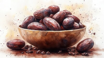 Obraz premium cocoa beans on bowl clipart creative generative watercolor illustration detailed illustration - image stock