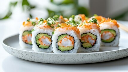 A plate of sushi rolls featuring shrimp, avocado, and crispy toppings, garnished with green onions against a blurred background.