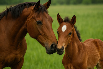 Obraz premium Affectionate mare and foal bonding in lush green meadow