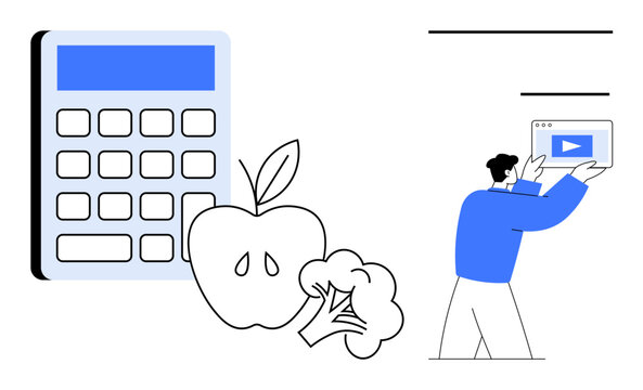 Calculator beside apple and broccoli emphasizing nutrition tracking. Individual holding tablet with video play button. Ideal for health, fitness, nutrition, learning, diet tracking, education, simple