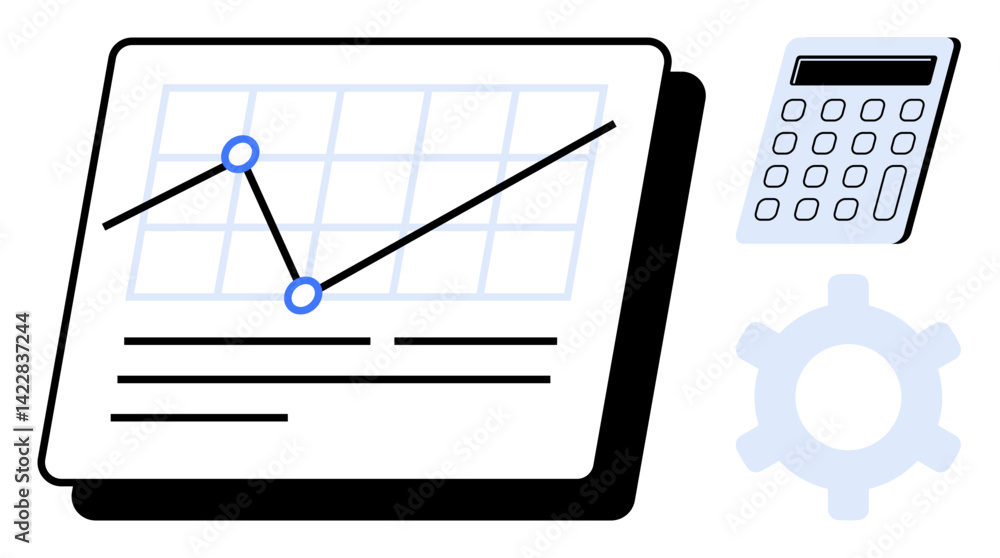 Aufkleber rising graph lines on chart with calculator and gear. ideal for finance, analytics, productivity, bu