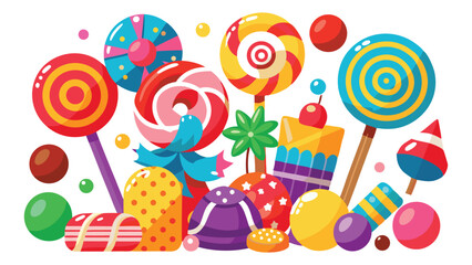 A collection of colorful candies including lollipops, gummy bears, candy canes, and wrapped sweets, arranged on a white background, creating a vibrant and playful composition