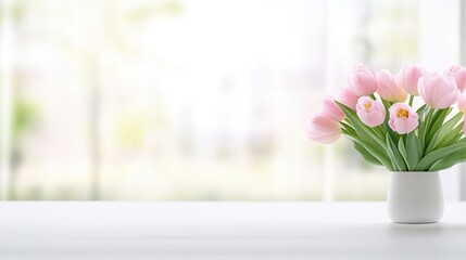 Bouquet of pink tulips on a table