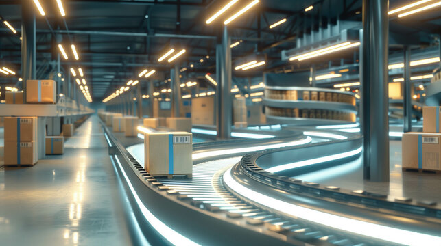 Cardboard boxes moving on automated conveyor belt system in modern warehouse distribution center