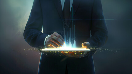 Businessman using digital tablet with emerging holographic data visualization interface