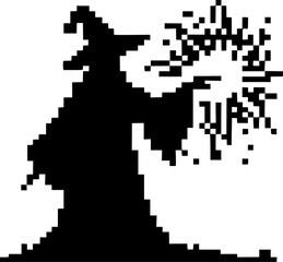 8-bit pixelated silhouette of a wizard casting a spell, retro fantasy game style, black only white background vector