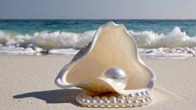 Ocean waves washing over pearls and seashell on sandy beach