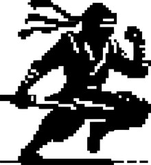 Fototapeta premium Pixel art silhouette of a generic ninja in action pose, 8-bit style, black on white background 