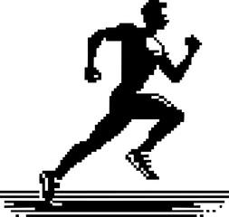 Pixel art silhouette of a running athlete, retro sports game style black on white background vector 