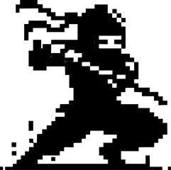 Pixel art silhouette of a generic ninja in action pose, 8-bit style, black on white background 